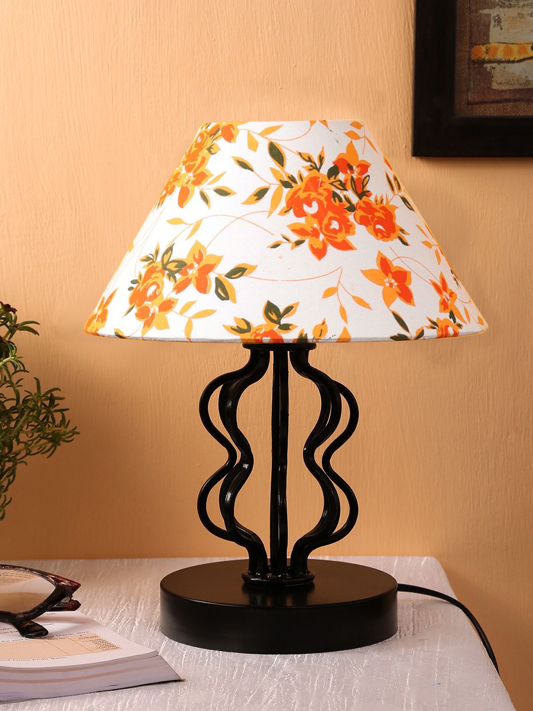 Devansh Orange & White Printed Table Lamp Price in India