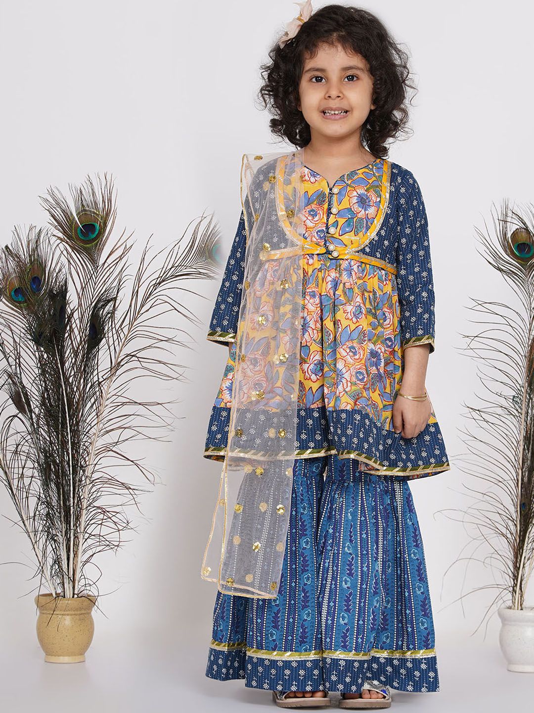 Little Bansi Girls Multicoloured Floral Printed Pure Cotton Kurti with Sharara & Dupatta