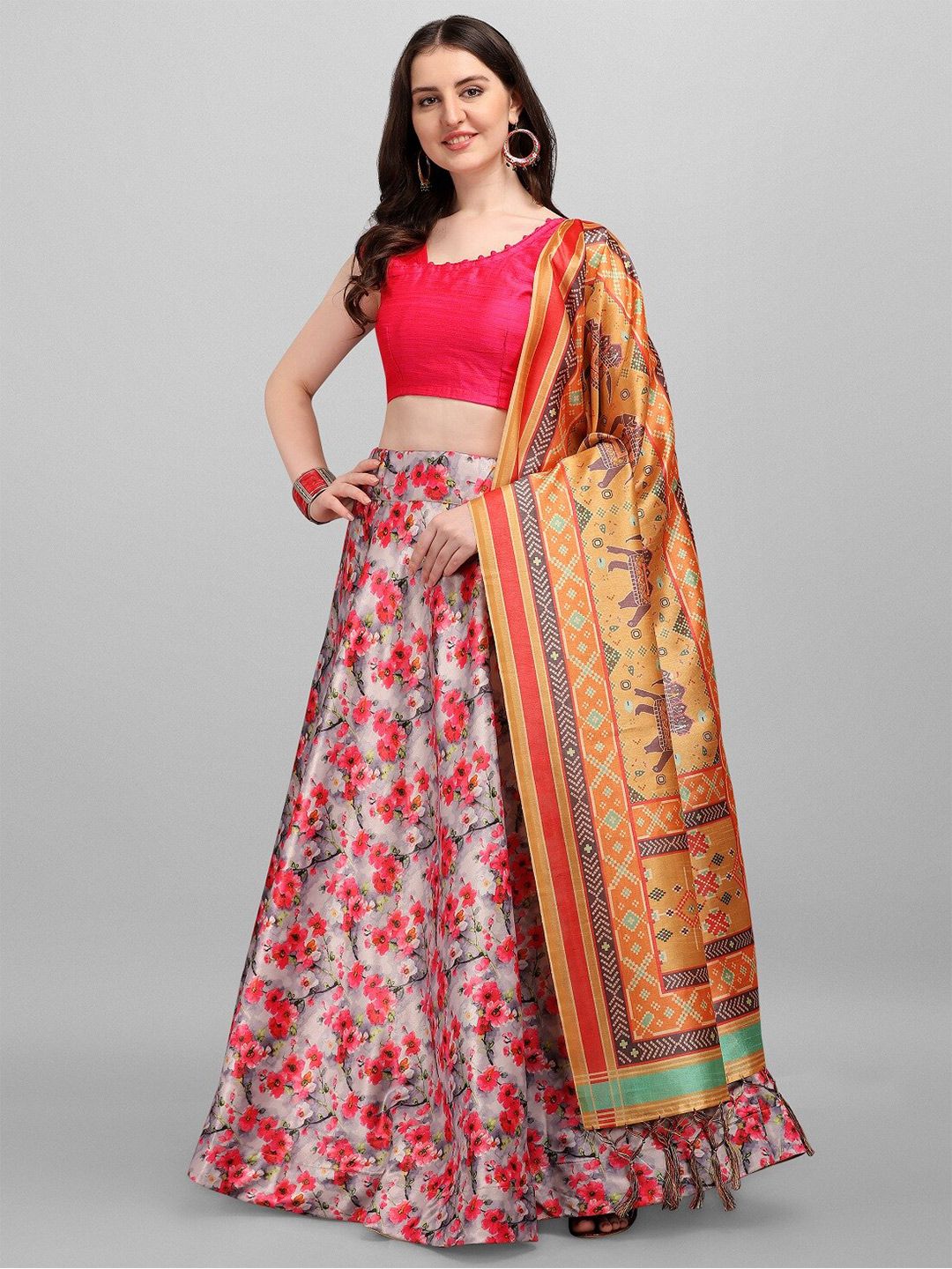 Fashionuma Pink & Grey Semi-Stitched Lehenga & Unstitched Blouse With Dupatta Price in India