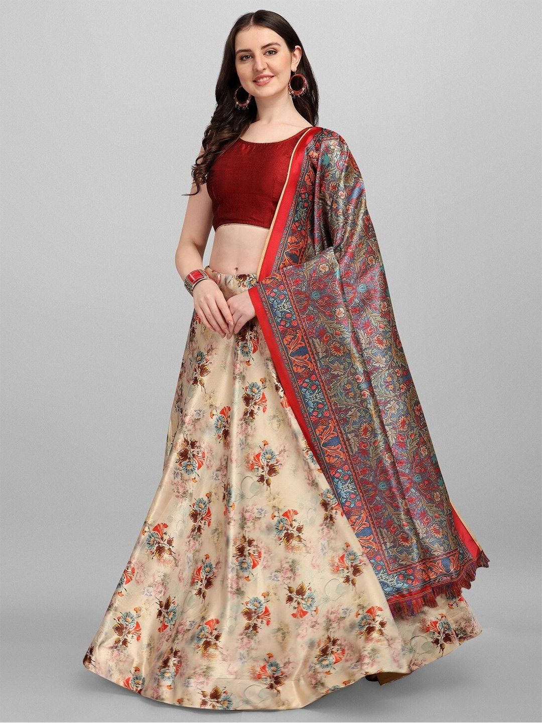 Fashionuma Beige & Red Semi-Stitched Lehenga & Unstitched Blouse With Dupatta Price in India