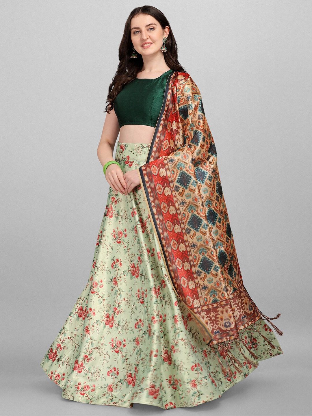 Fashionuma Green & Red Semi-Stitched Lehenga & Unstitched Blouse With Dupatta Price in India