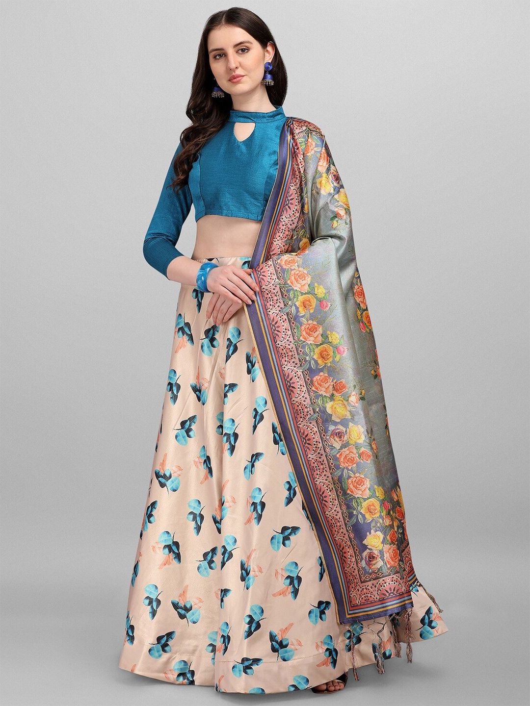 Fashionuma Beige & Blue Semi-Stitched Lehenga & Unstitched Blouse With Dupatta Price in India