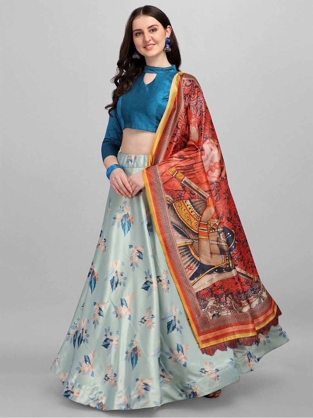 Fashionuma Blue & Red Semi-Stitched Lehenga & Unstitched Blouse With Dupatta Price in India