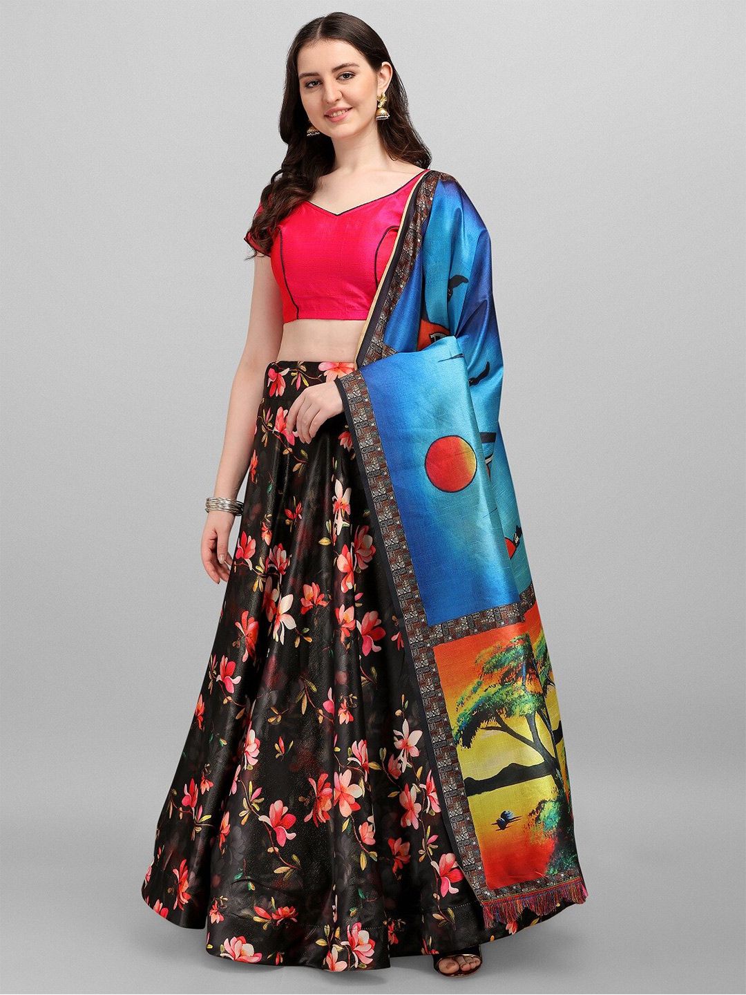 Fashionuma Black & Pink Semi-Stitched Lehenga & Unstitched Choli With Dupatta Price in India