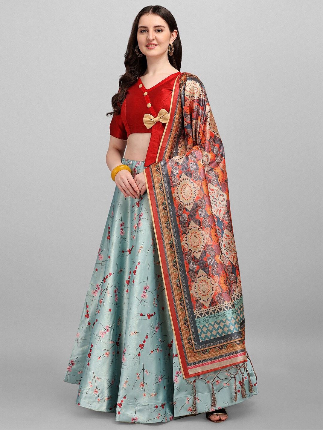 Fashionuma Women Blue & Red Semi-Stitched Lehenga & Unstitched Blouse With Dupatta Price in India