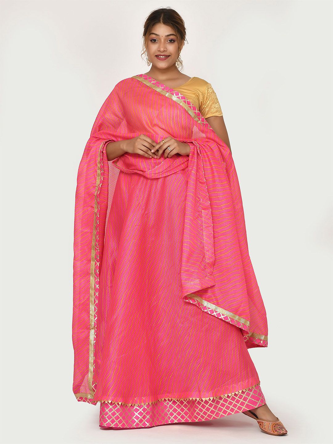 Kesarya Pink & Gold-Toned Printed Cotton Ready to Wear Lehenga & Unstitched Blouse With Dupatta Price in India