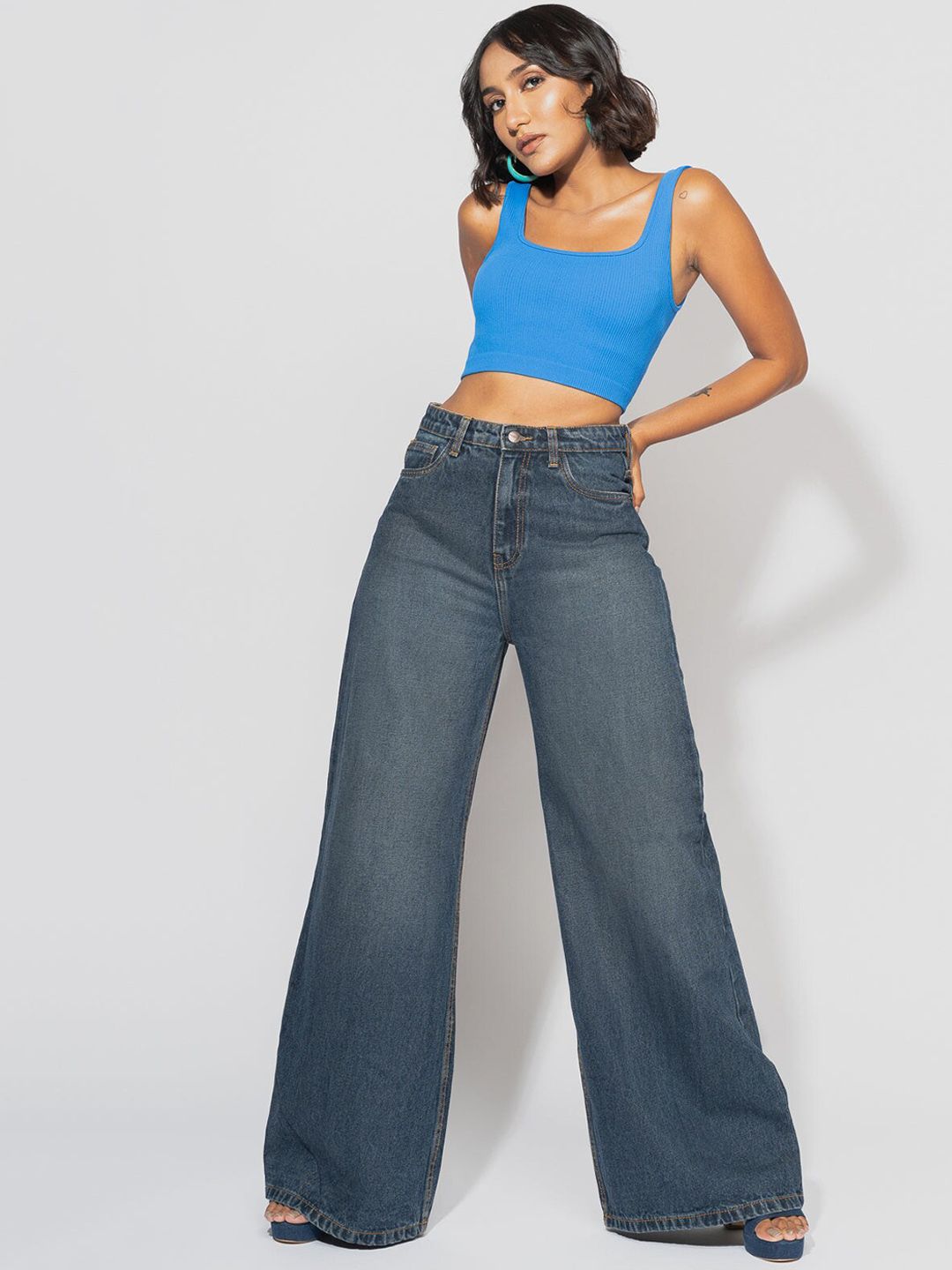 FREAKINS Women Blue Wide Leg High-Rise Light Fade Cotton Retro Jeans Price in India