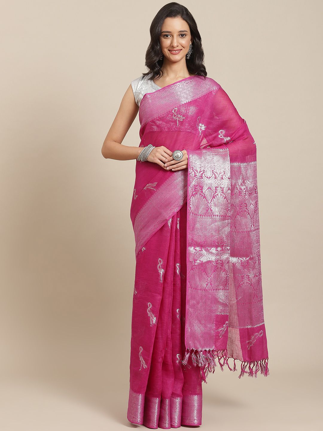 swatika Pink & Silver-Toned Ethnic Motifs Zari Pure Linen Bhagalpuri Saree Price in India