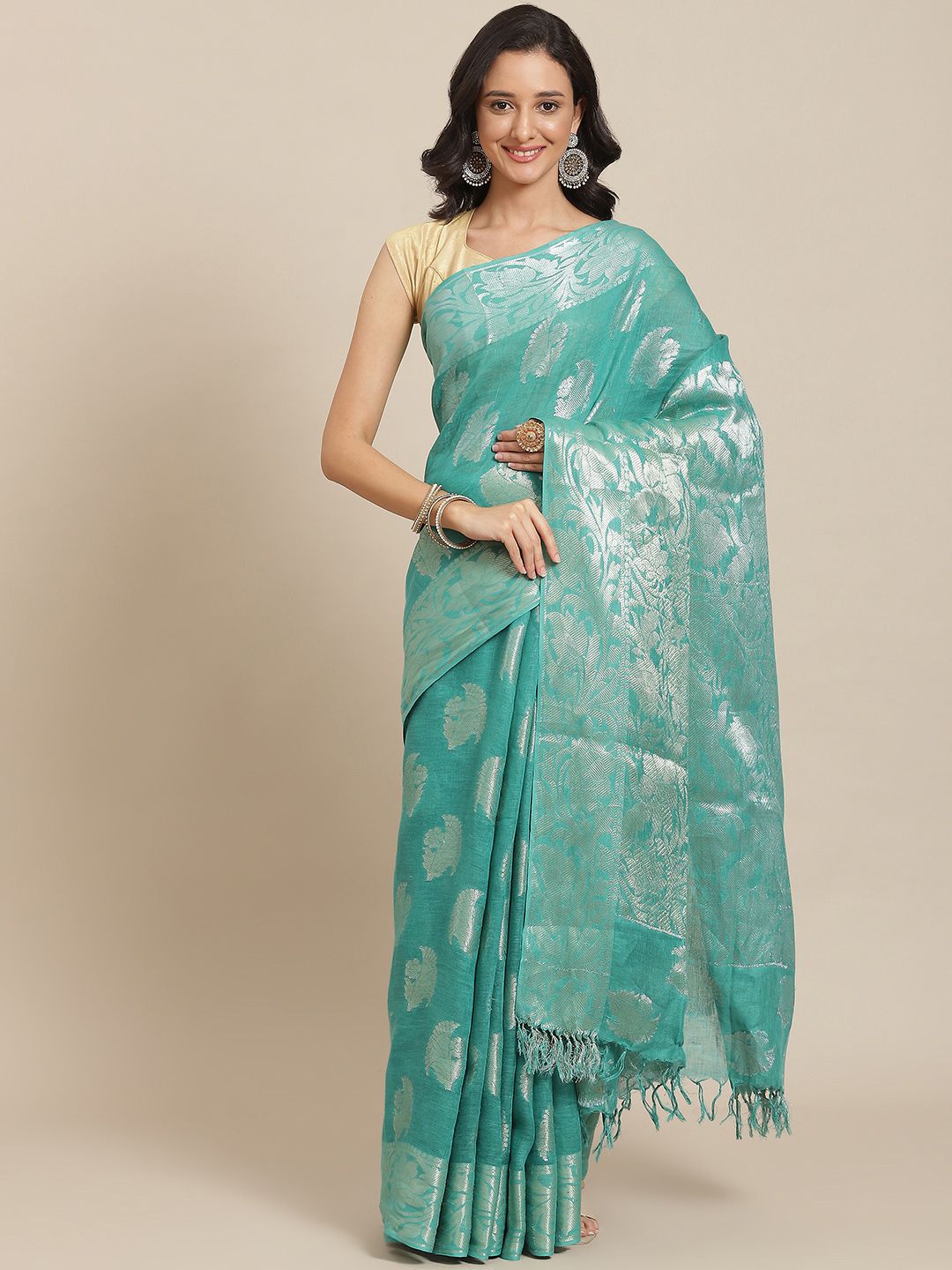 swatika Green & Silver-Toned Ethnic Motifs Zari Pure Linen Bhagalpuri Saree Price in India