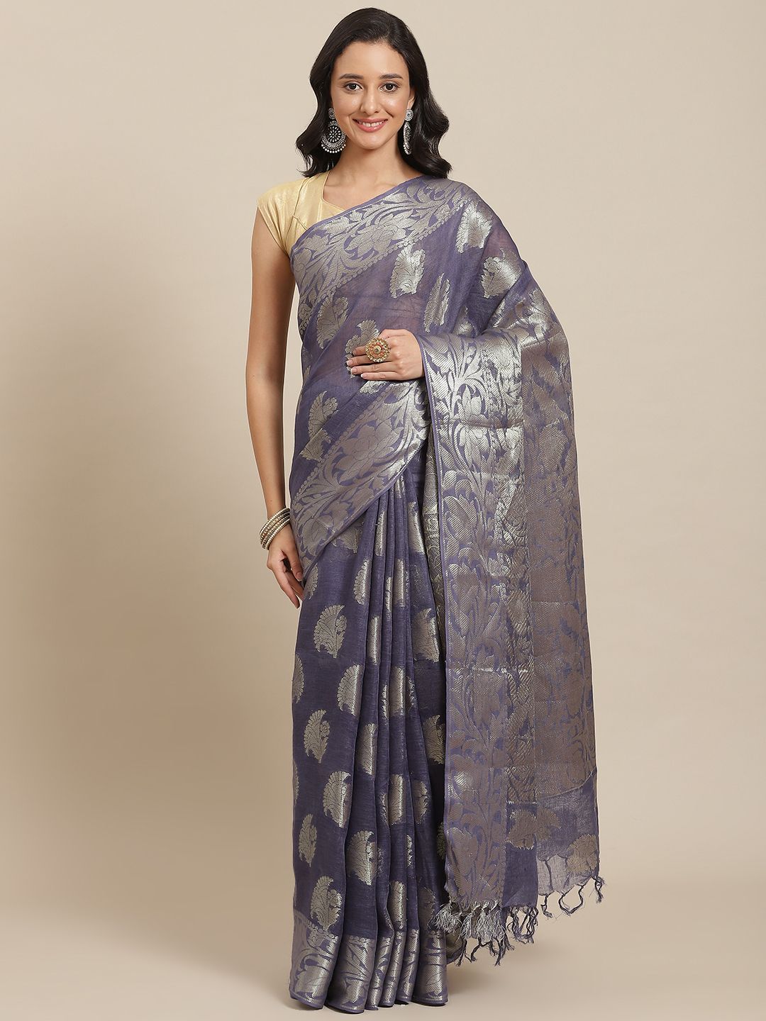 swatika Blue & Silver-Toned Floral Zari Pure Linen Bhagalpuri Saree Price in India