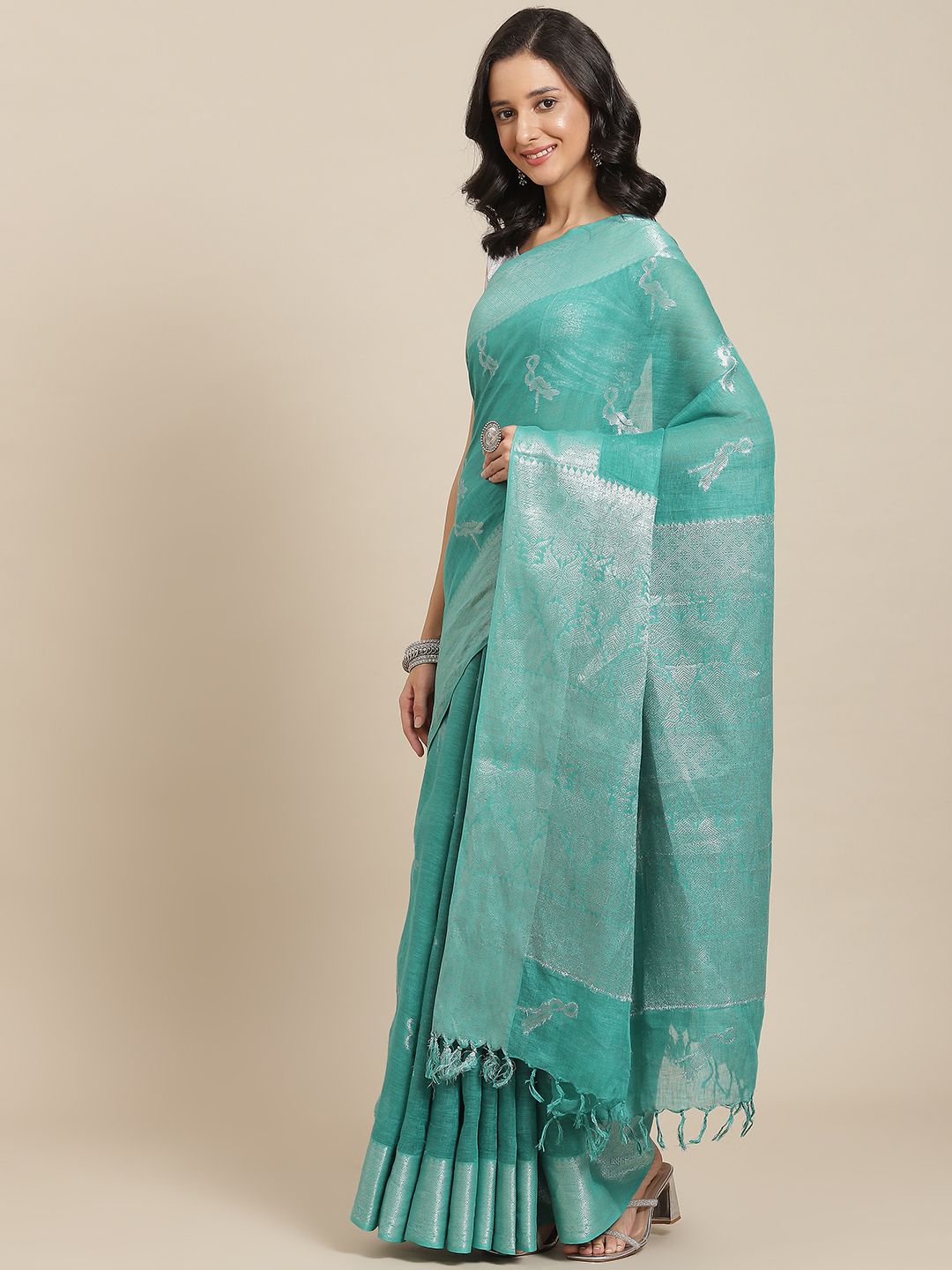 swatika Green & Silver-Toned Woven Design Zari Pure Linen Bhagalpuri Saree Price in India