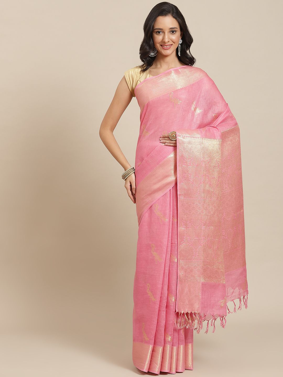 swatika Pink & Gold-Toned Ethnic Motifs Zari Pure Linen Bhagalpuri Saree Price in India