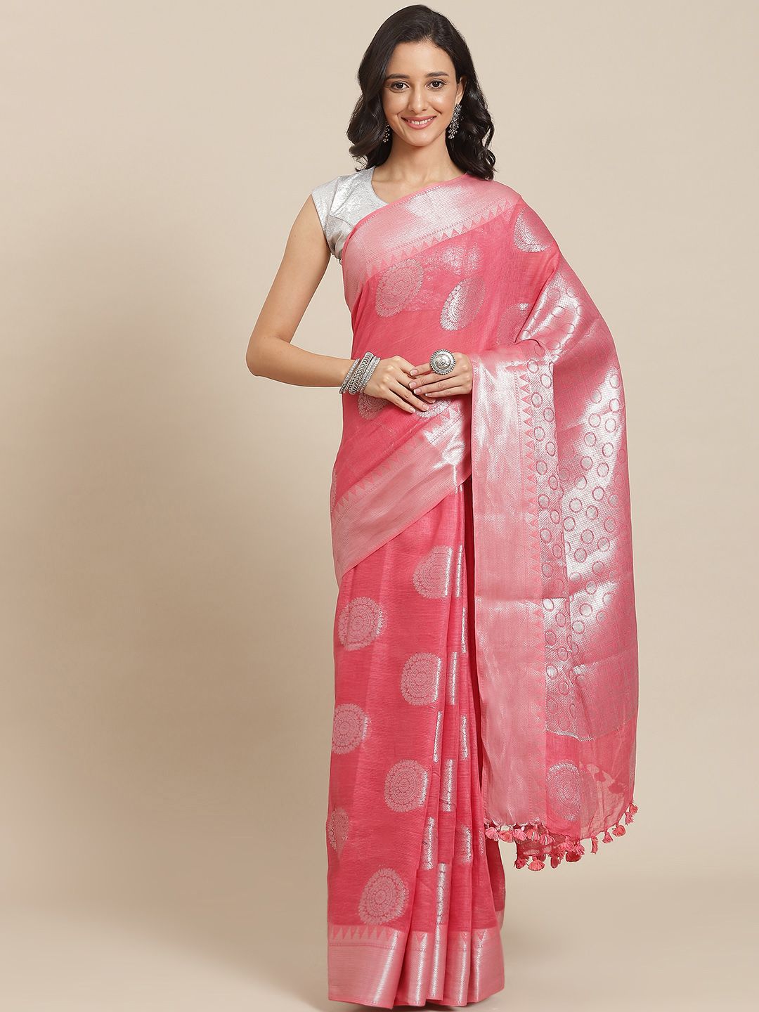 swatika Pink & Silver-Toned Ethnic Motifs Zari Pure Linen Bhagalpuri Saree Price in India