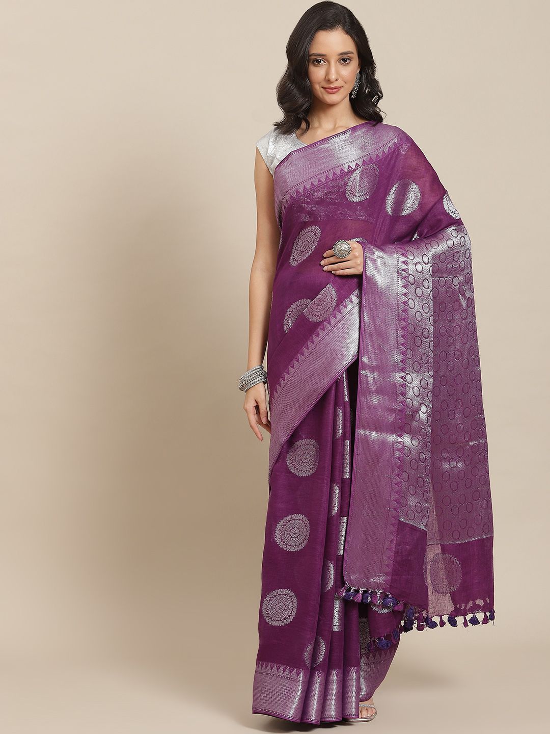 swatika Purple & Silver-Toned Ethnic Motifs Zari Pure Linen Bhagalpuri Saree Price in India
