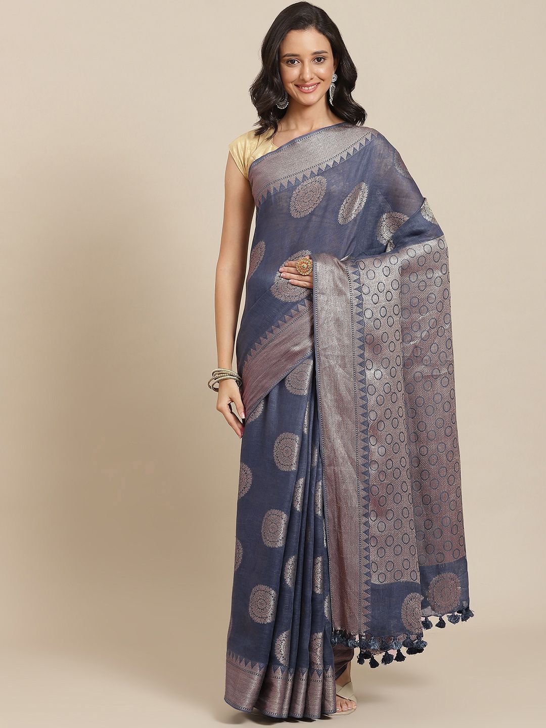 swatika Blue & Silver-Coloured  Ethnic Motifs Zari Pure Linen Bhagalpuri Saree Price in India