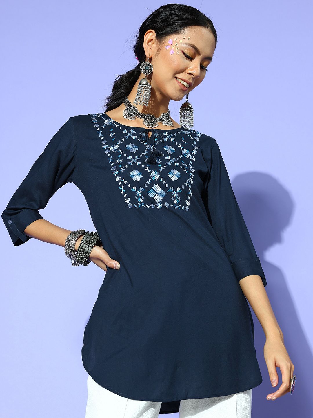 ZOLA Women Navy Blue Embroidered Indie Gal Tunic Price in India