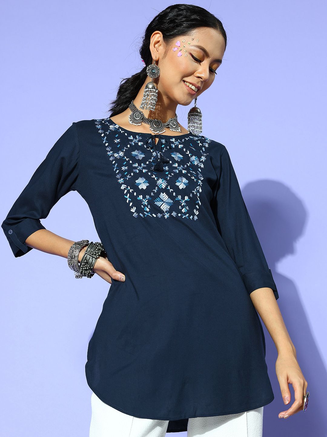 ZOLA Women Navy Blue Embroidered Indie Gal Tunic