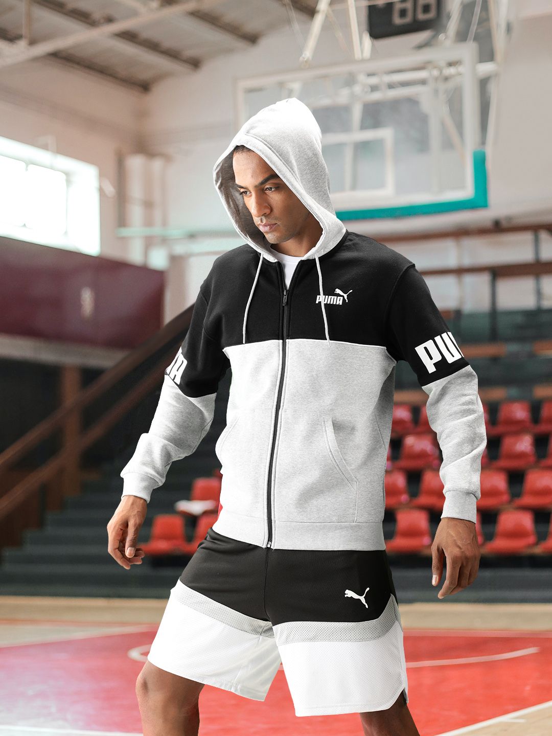 Buy Puma Men Grey & Black Colourblocked Power Full-Zip Hoodie