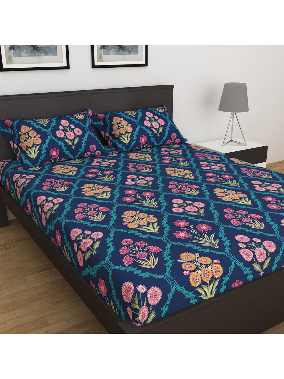 Home Centre Blue Corsica Elegant Floral Printed 3 Piece Microfiber Double Bedsheet Set Price in India