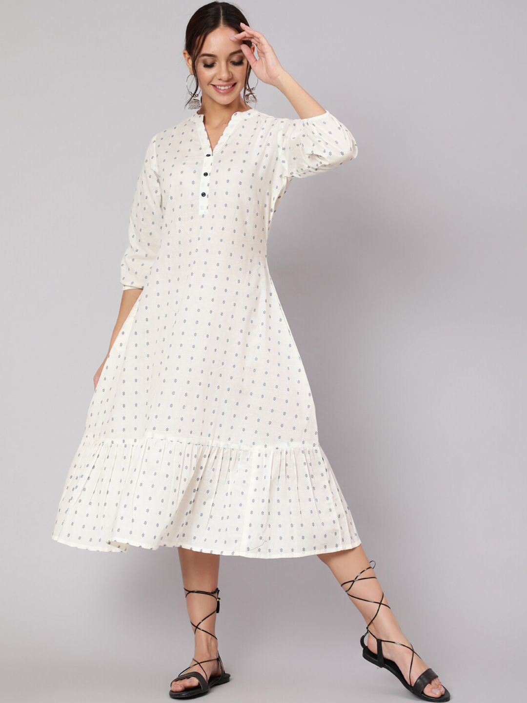 Nayo Women White Micro Ditsy Printed A-Line Midi Gathered Dress Price in India