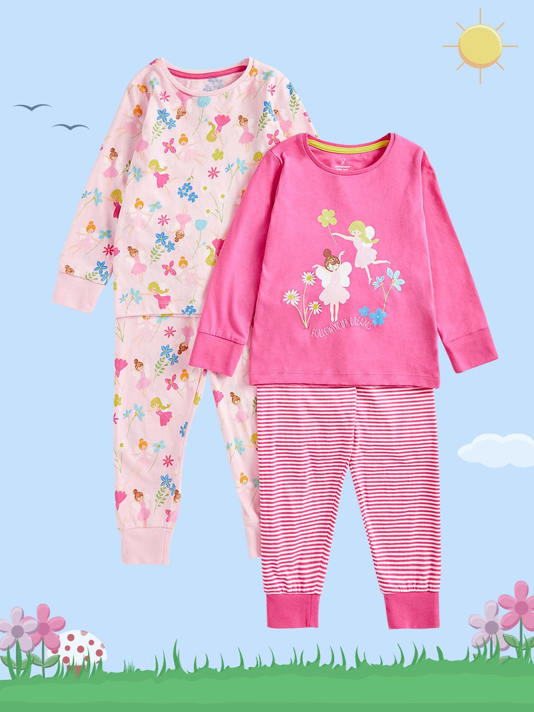 mothercare Infant Girls Pink & Blue Pack Of 2 Printed Pure Cotton T-shirt with Joggers