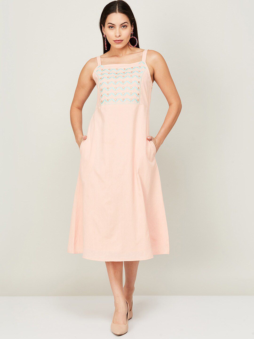 Colour Me by Melange Peach-Coloured A-Line Midi Dress Price in India