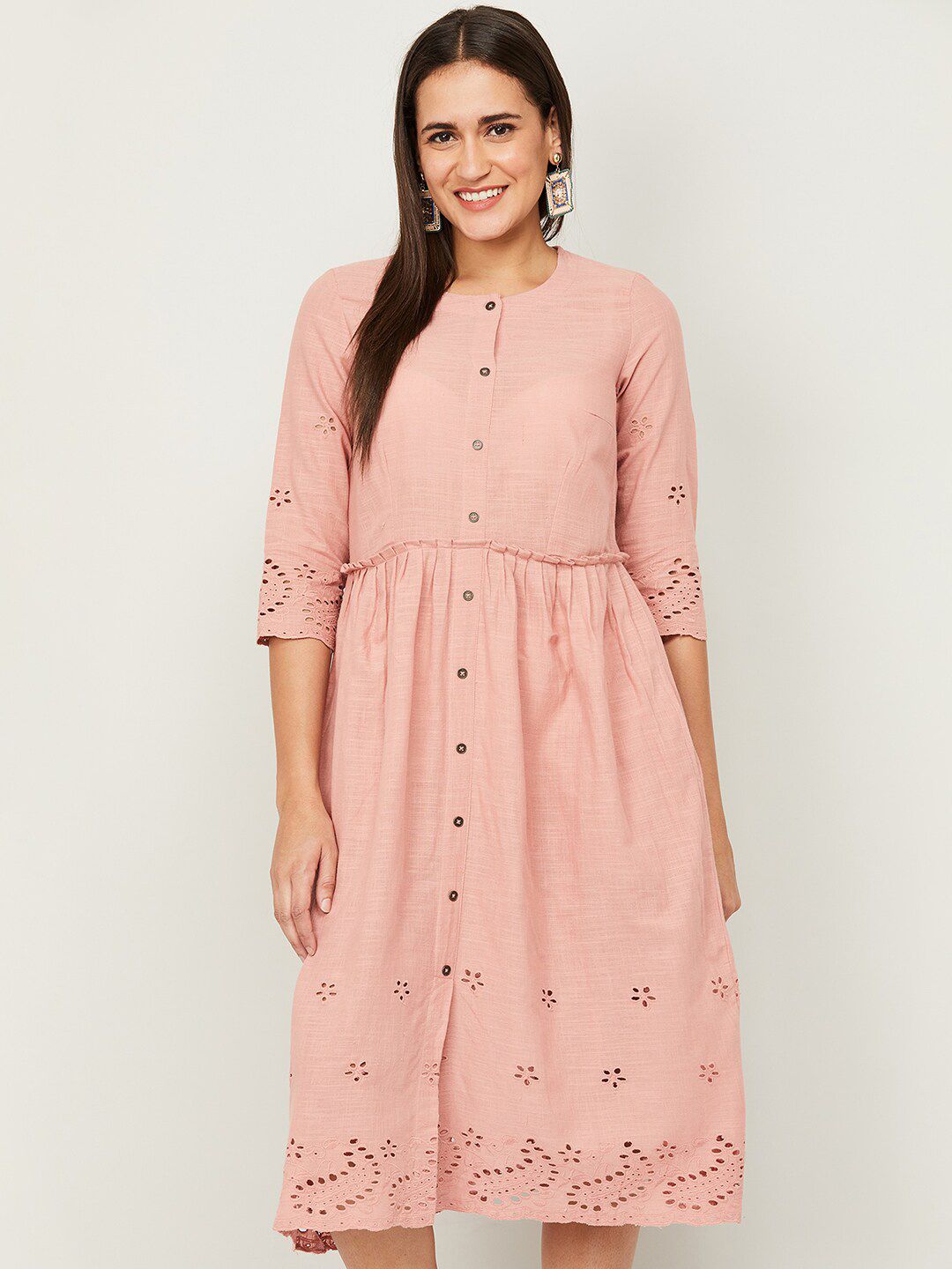 Colour Me by Melange Peach-Coloured Embroidered A-Line Dress Price in India
