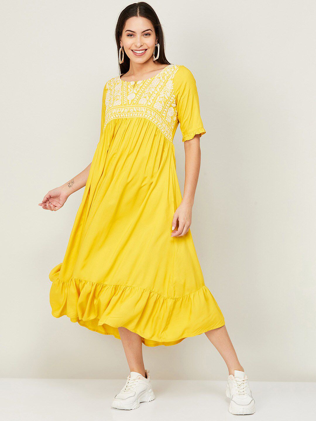 Colour Me by Melange Yellow Floral Embroidered Empire Midi Dress Price in India