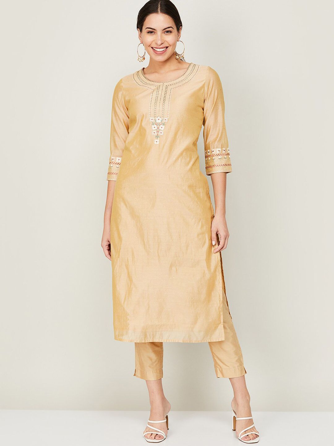 Melange by Lifestyle Women Beige Thread Work Floral Kurta