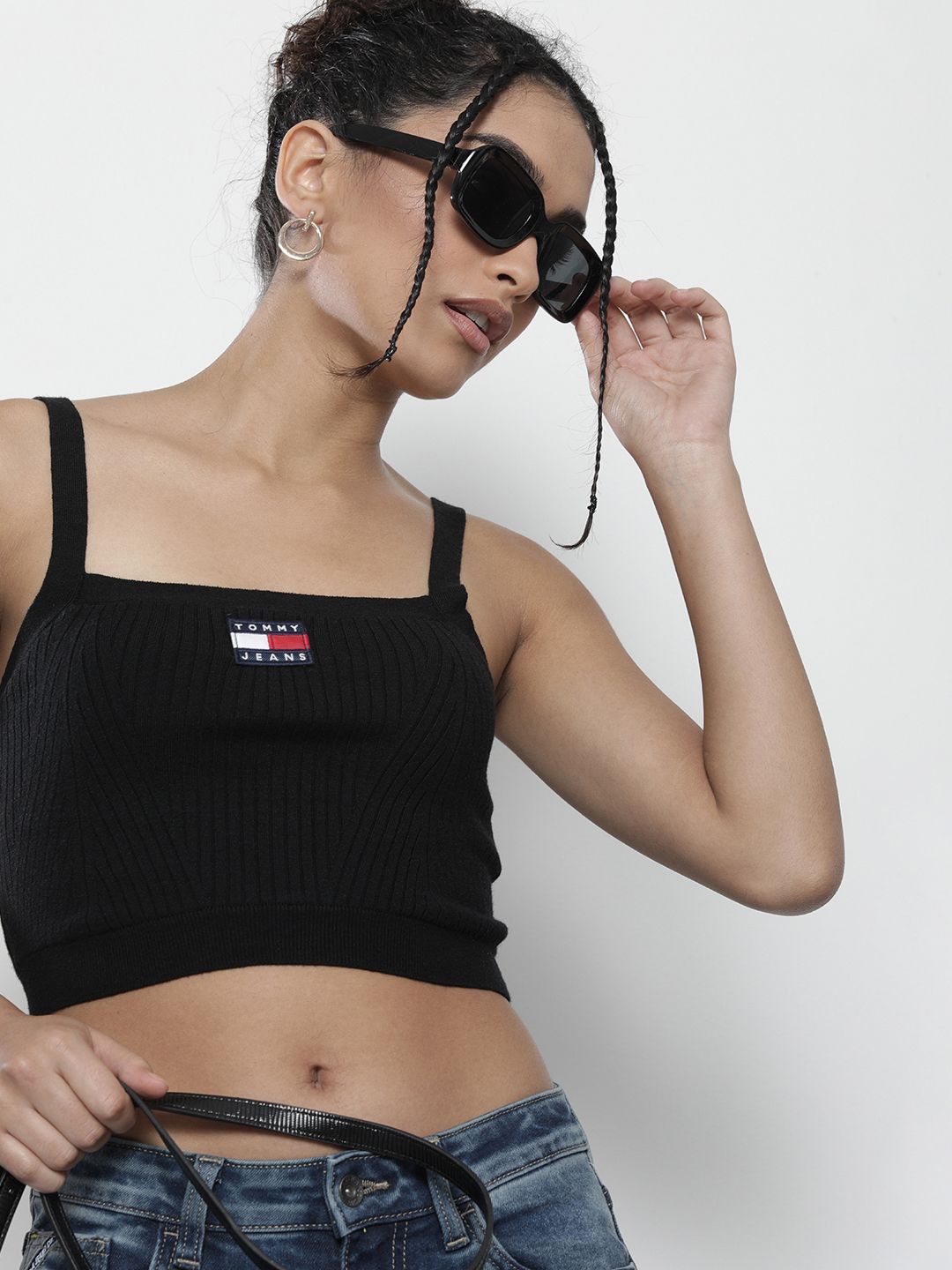 Tommy Hilfiger Women Black Ribbed Fitted Crop Top Price in India