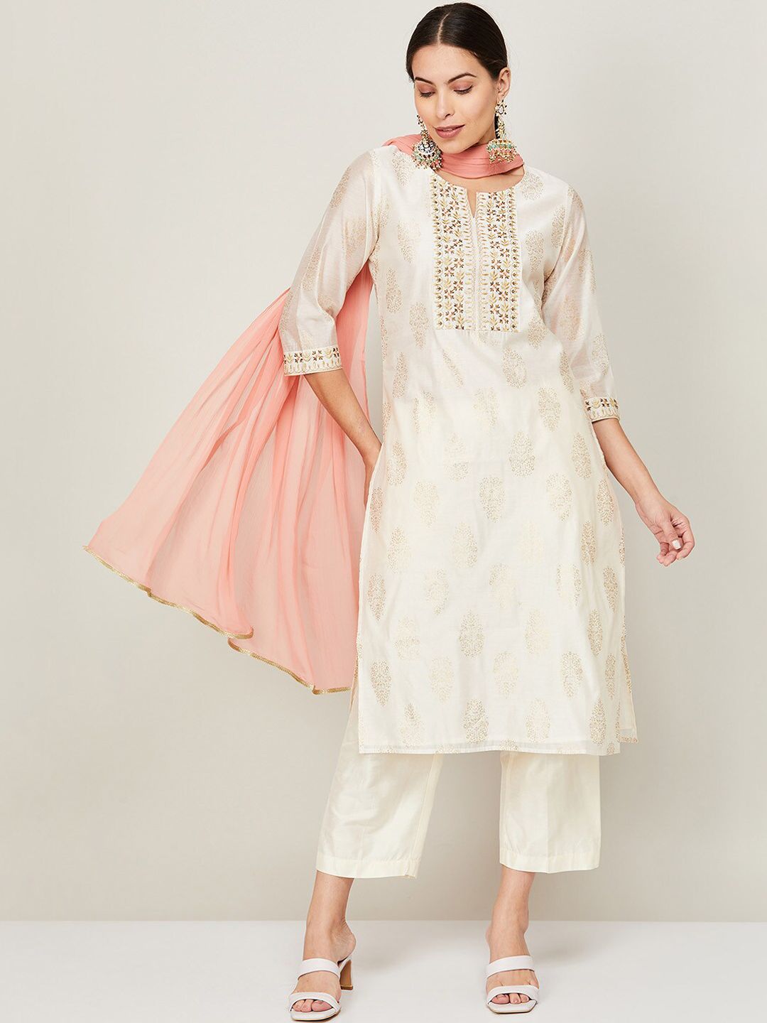 Melange by Lifestyle Women White Ethnic Motifs Printed Kurta with Trousers & With Dupatta Price in India