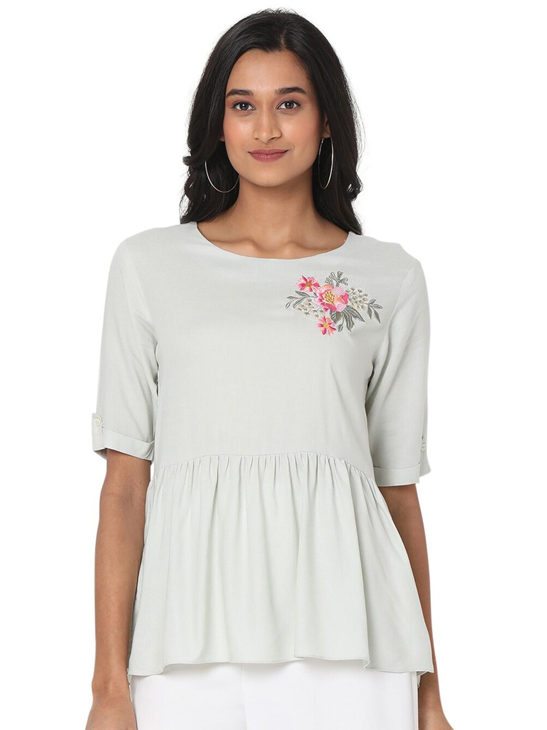 Ethnicity Off White Floral Embroidered Top Price in India