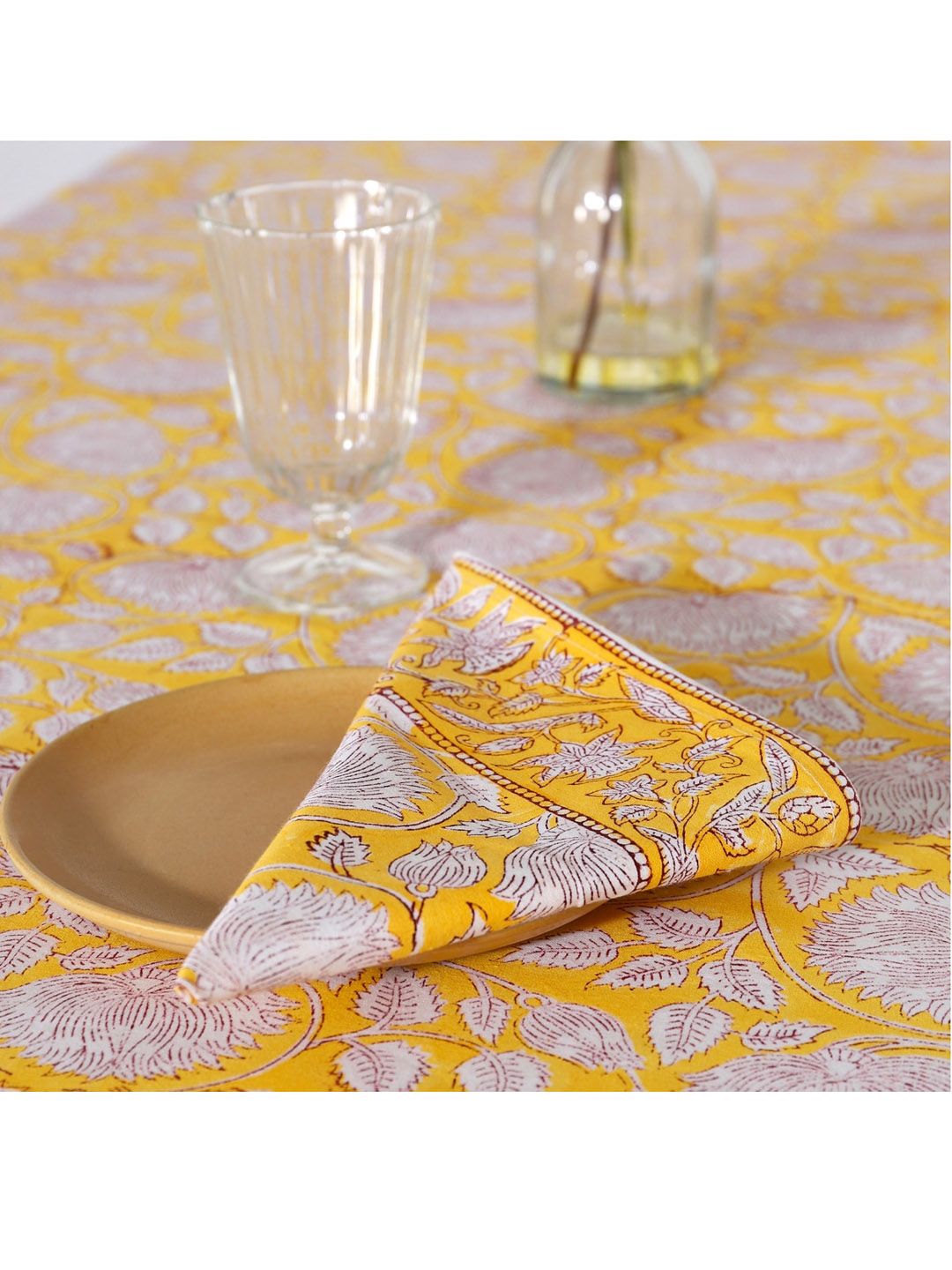HANDICRAFT PALACE Yellow & White Hand Block Printed 6 Seater Cotton Table Covers With 6 Napkins Price in India
