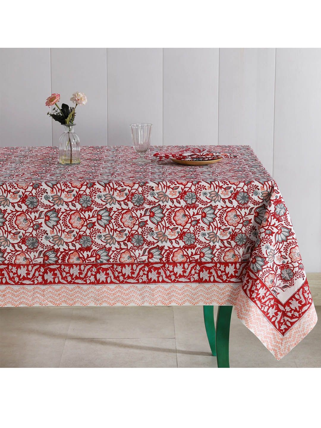 White & Red 6 Seater Lotus Floral Hand Block Printed Cotton Table Cover & 6 Piece Napkins Price in India