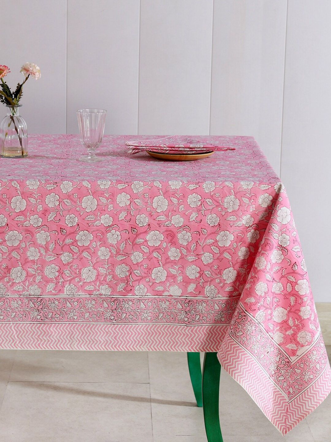 HANDICRAFT PALACE Pink Floral Hand Block Printed Table Cover with  6 PIECE  Napkins Price in India