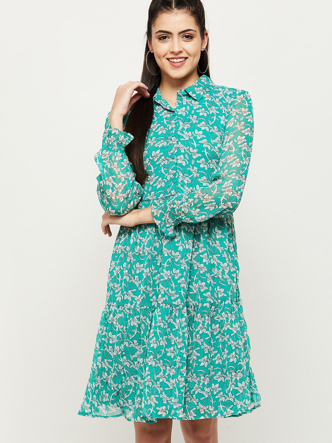 max Green Floral Shirt collar Flared Hem Dress Price in India