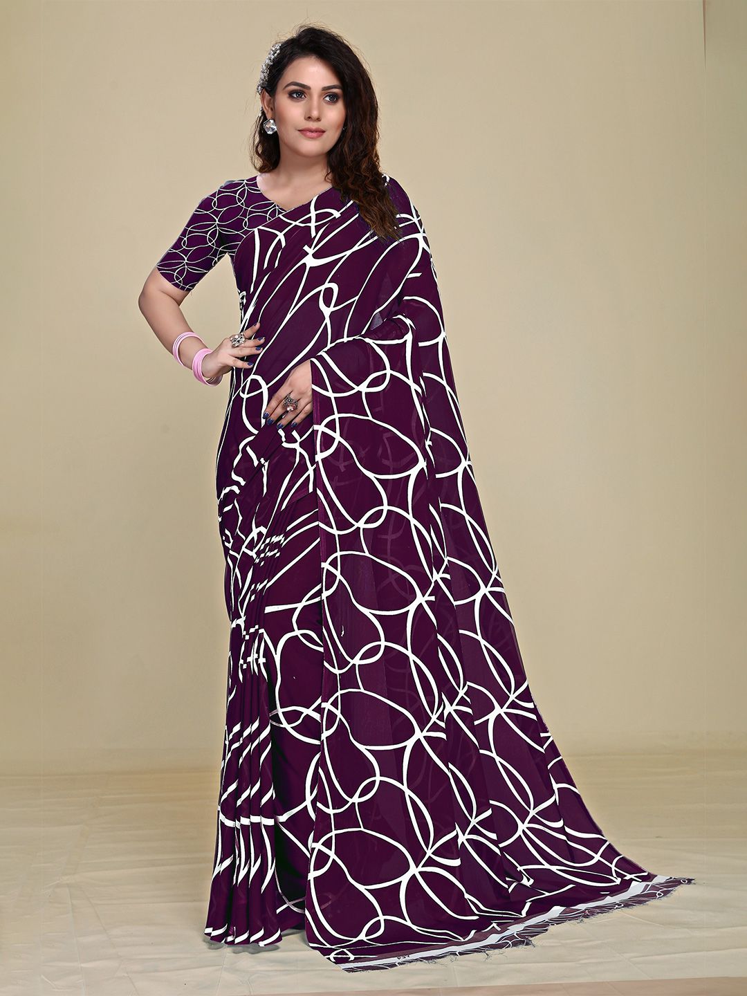 MS RETAIL Lavender & White Pure Georgette Block Print Saree Price in India