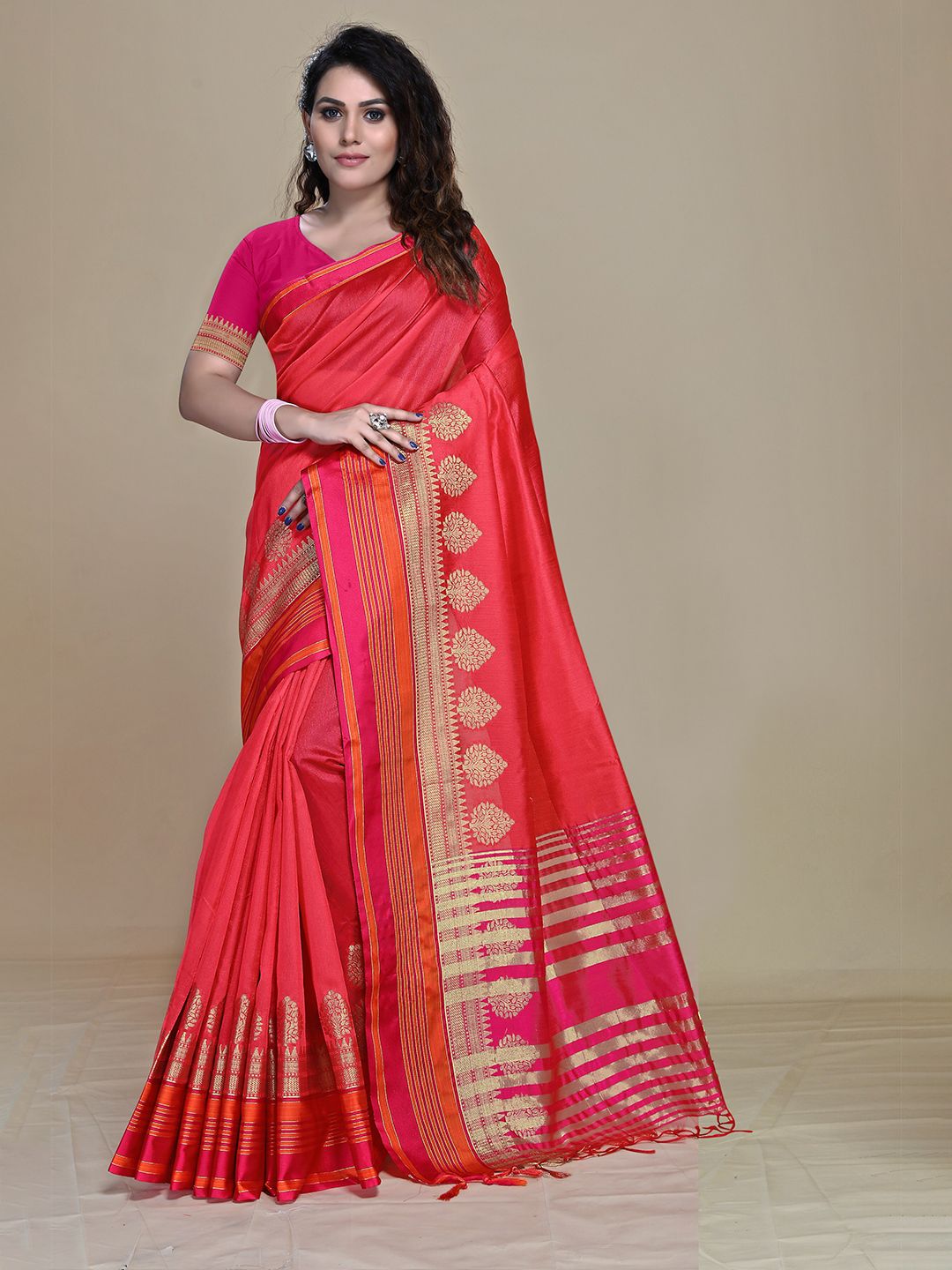 MS RETAIL Pink & Gold-Toned Woven Design Art Silk Dharmavaram Saree Price in India