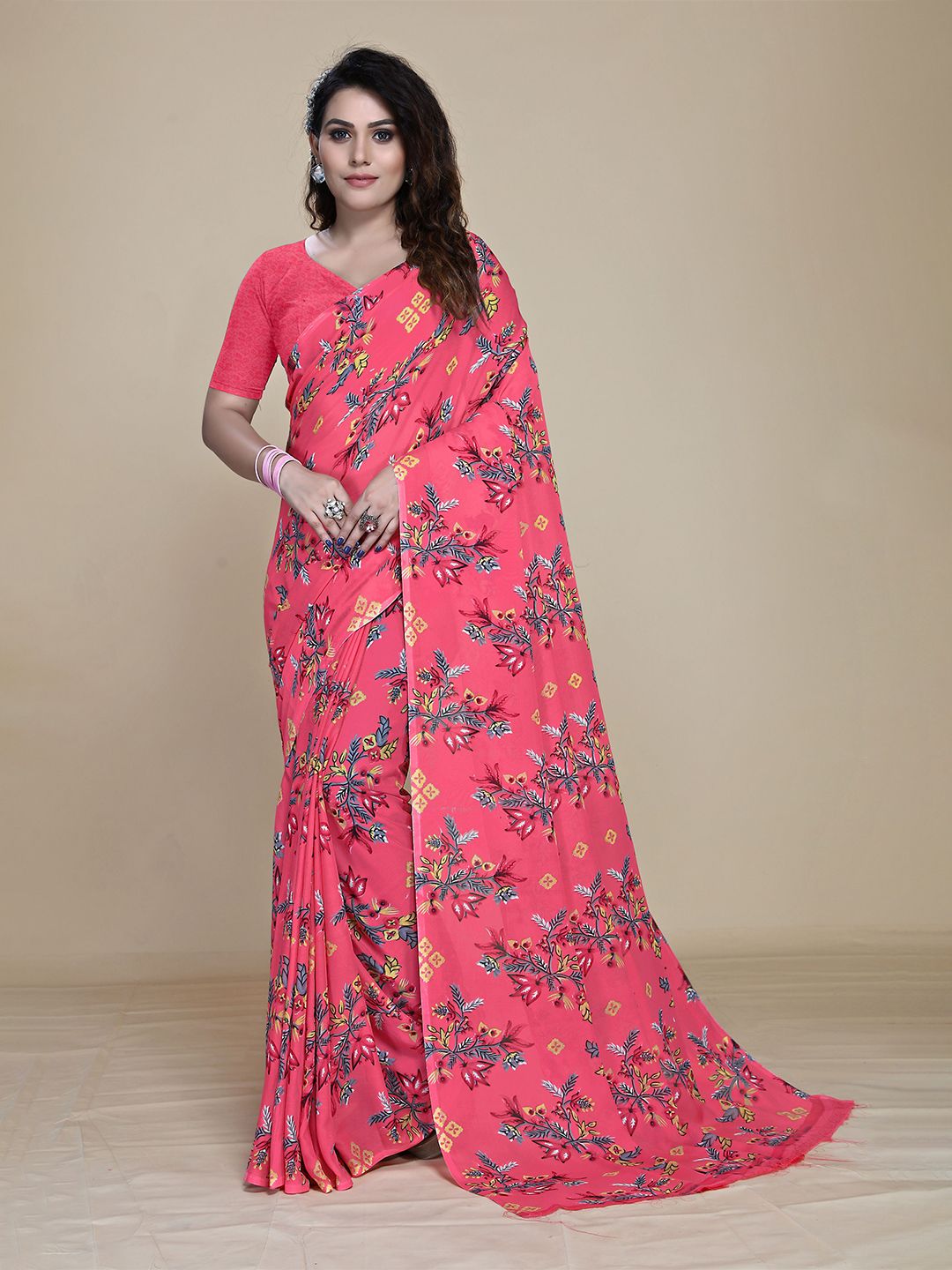 MS RETAIL Pink & Blue Floral Pure Georgette Block Print Saree Price in India