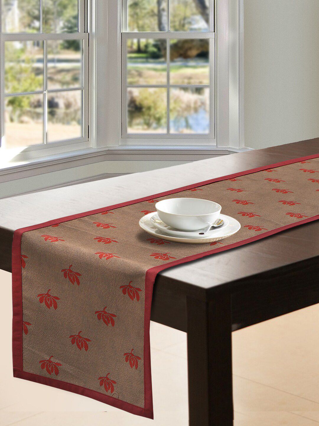 S9home by Seasons Brown & Red Woven Design 6 Seater Table Runner Price in India