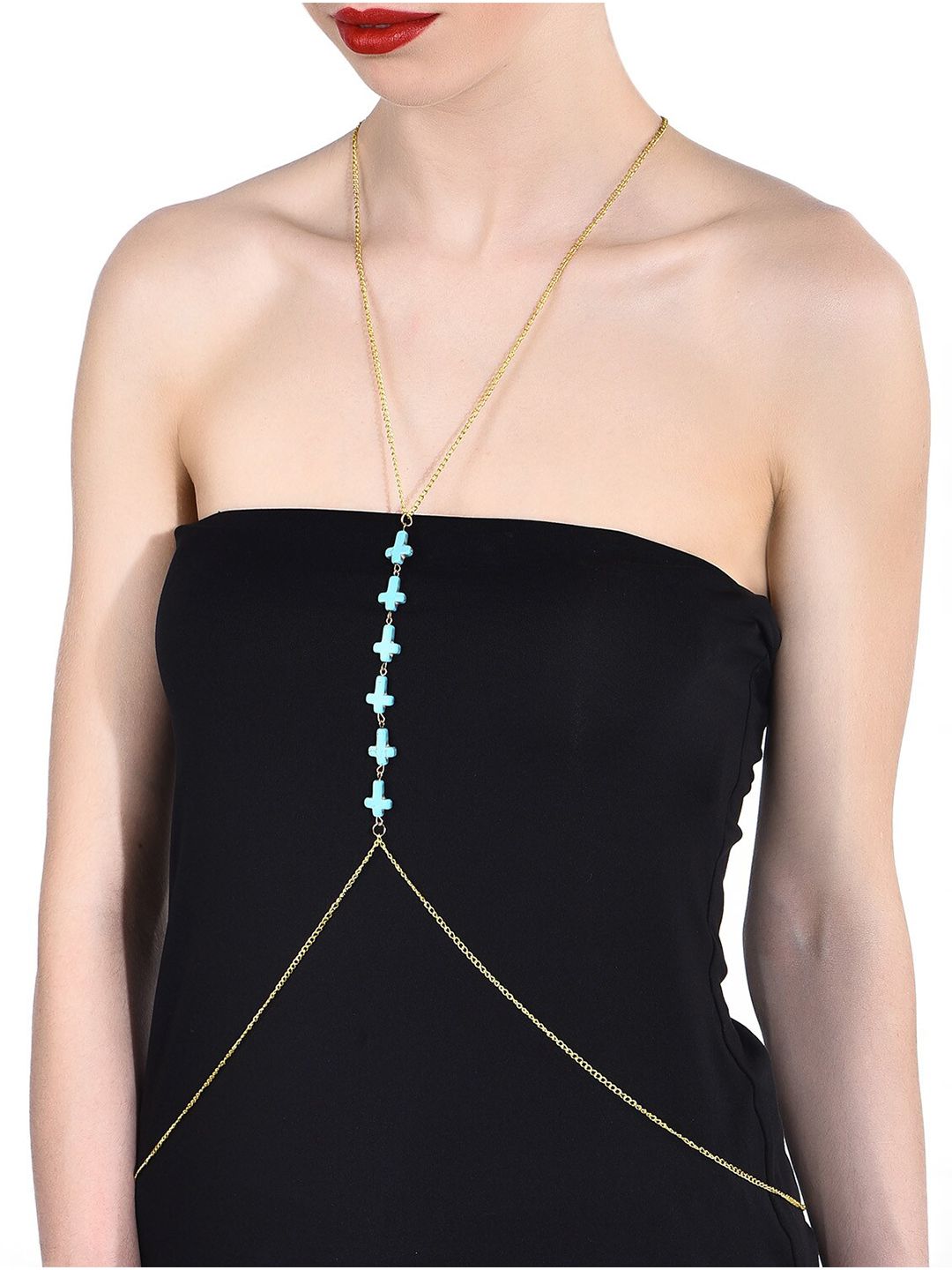 FemNmas Gold-Toned & Blue Gold-Plated Cross Body Chain Price in India