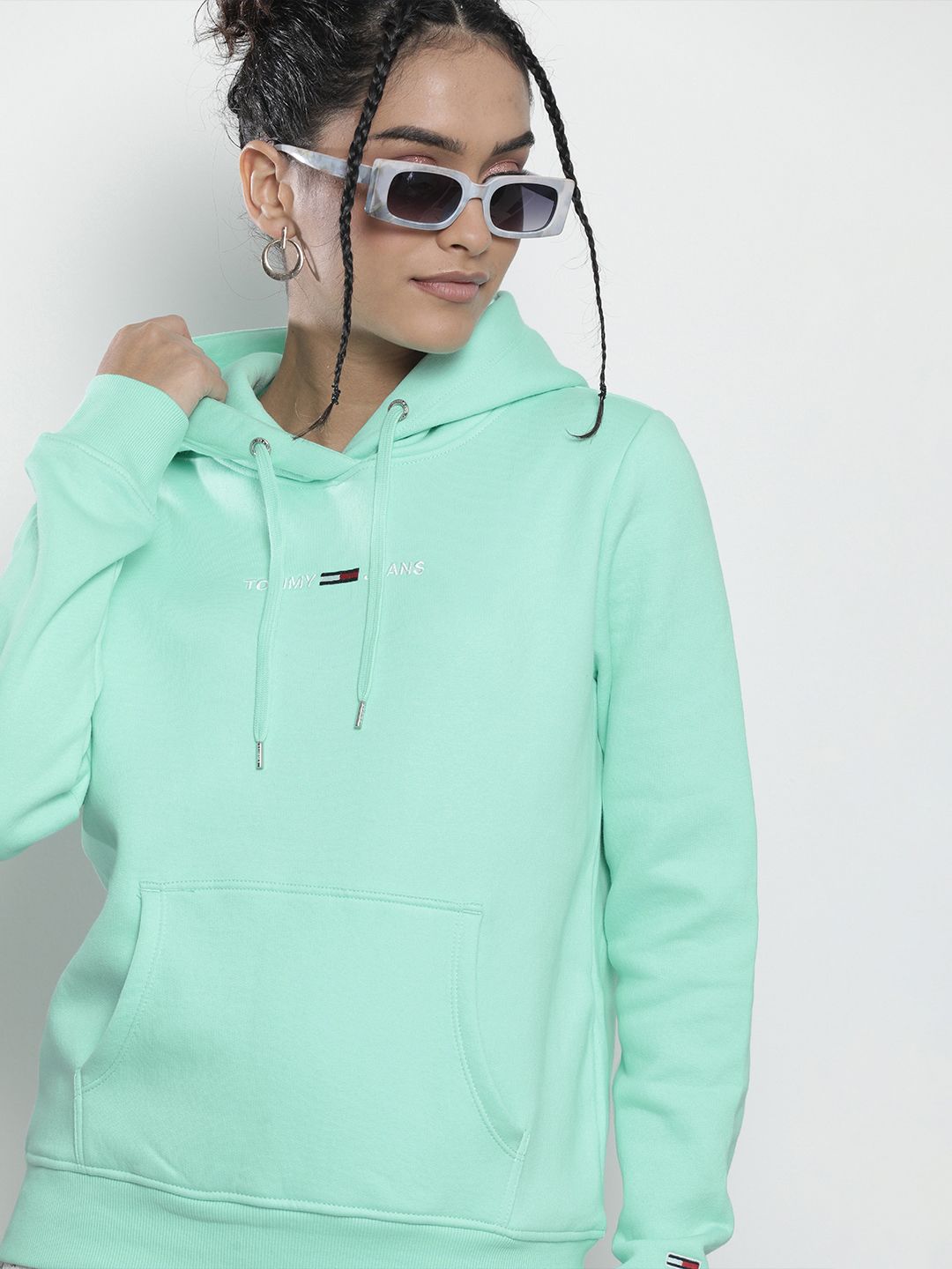 Tommy Hilfiger Women Sea Green Embroidered Hooded Sweatshirt Price in India