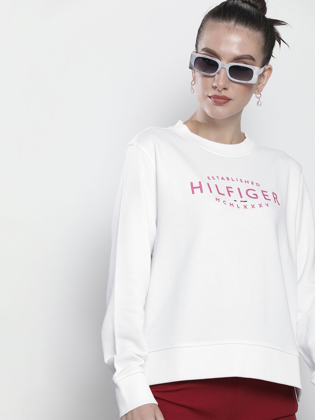Tommy Hilfiger Women White & Pink Embroidered Sweatshirt Price in India