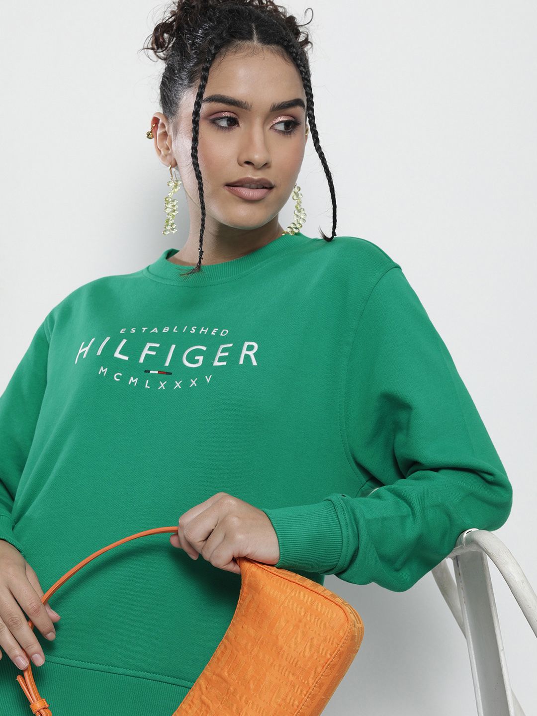 Tommy Hilfiger Women Green & White Embroidered Sweatshirt Price in India
