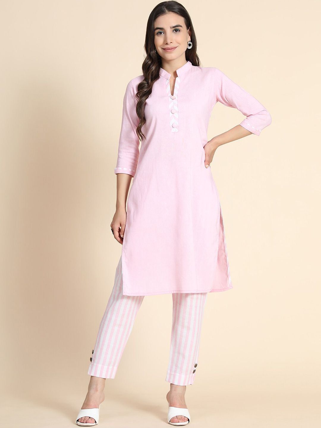 KALINI Women Pink Mandarin Collar Kurta with Trousers Price in India