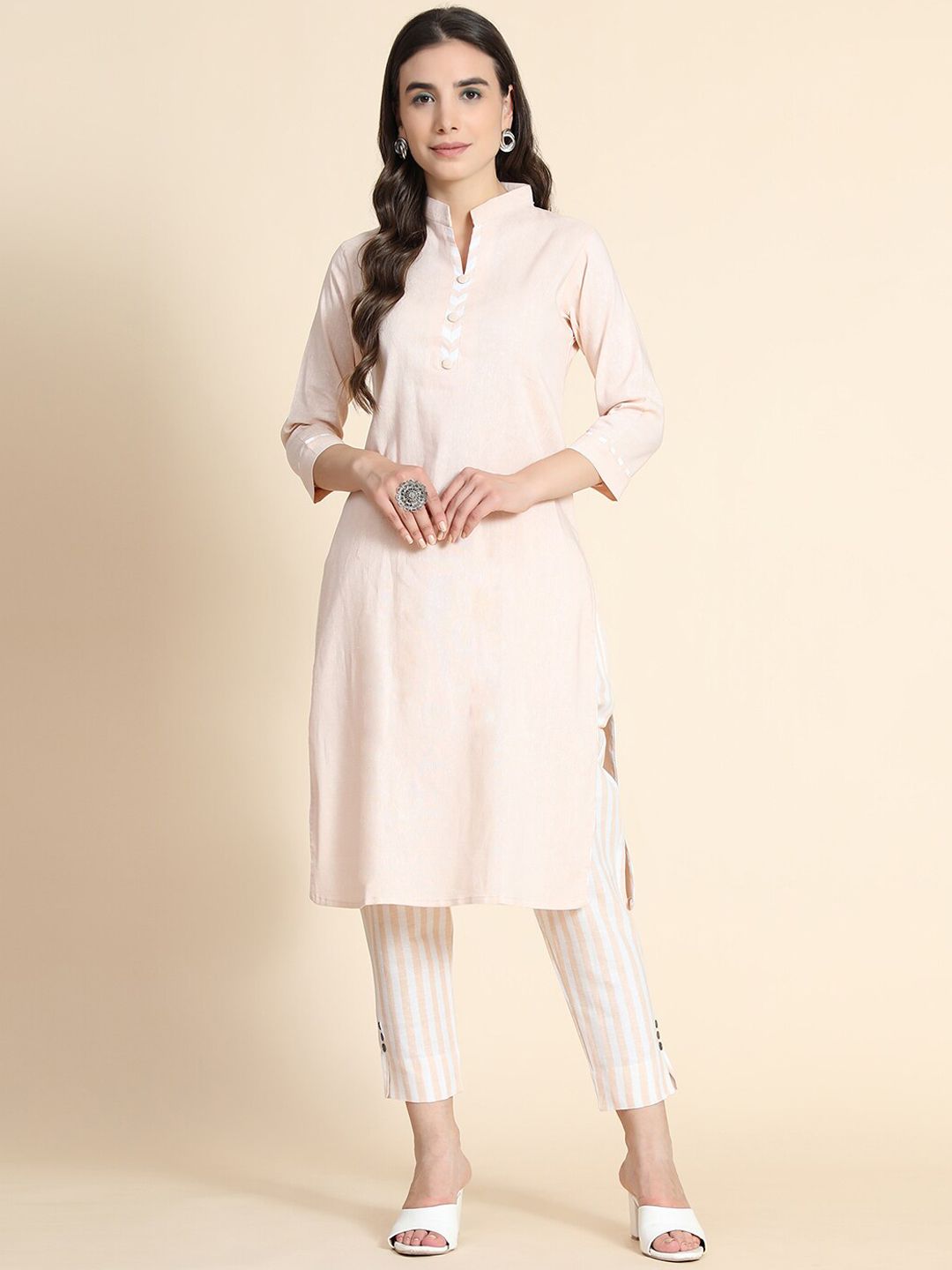 KALINI Women Beige Kurti with Trousers Price in India