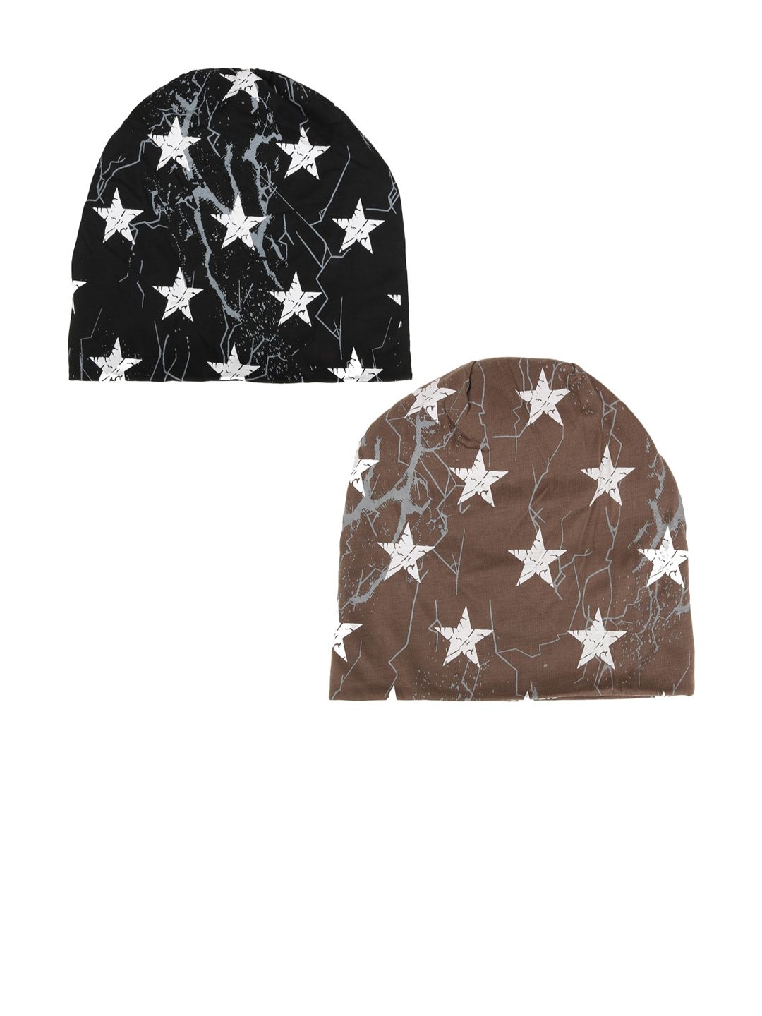 iSWEVEN Unisex Pack of 2 Black & Brown Printed Beanies Price in India