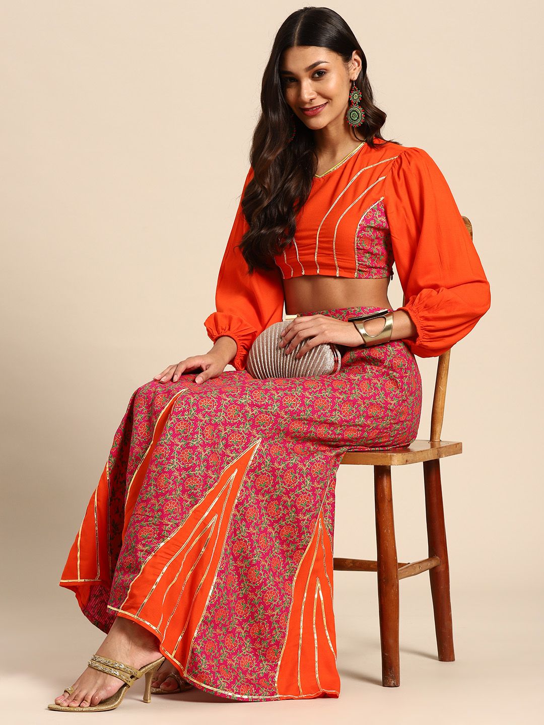 Sangria Orange & Pink Printed Ready to Wear Lehenga & Blouse Price in India