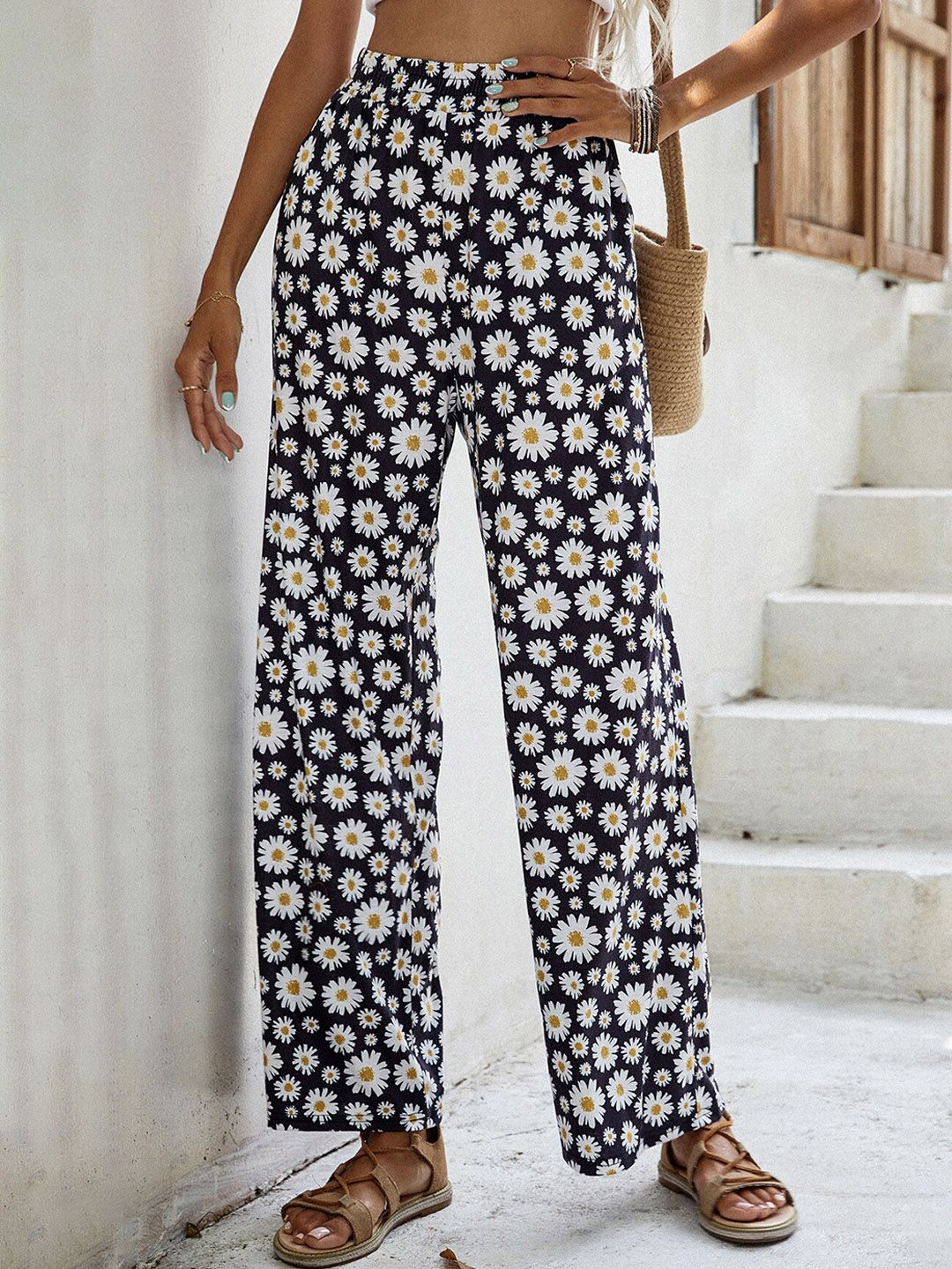 BoStreet Women Navy Blue Floral Printed Loose Fit Trousers Price in India