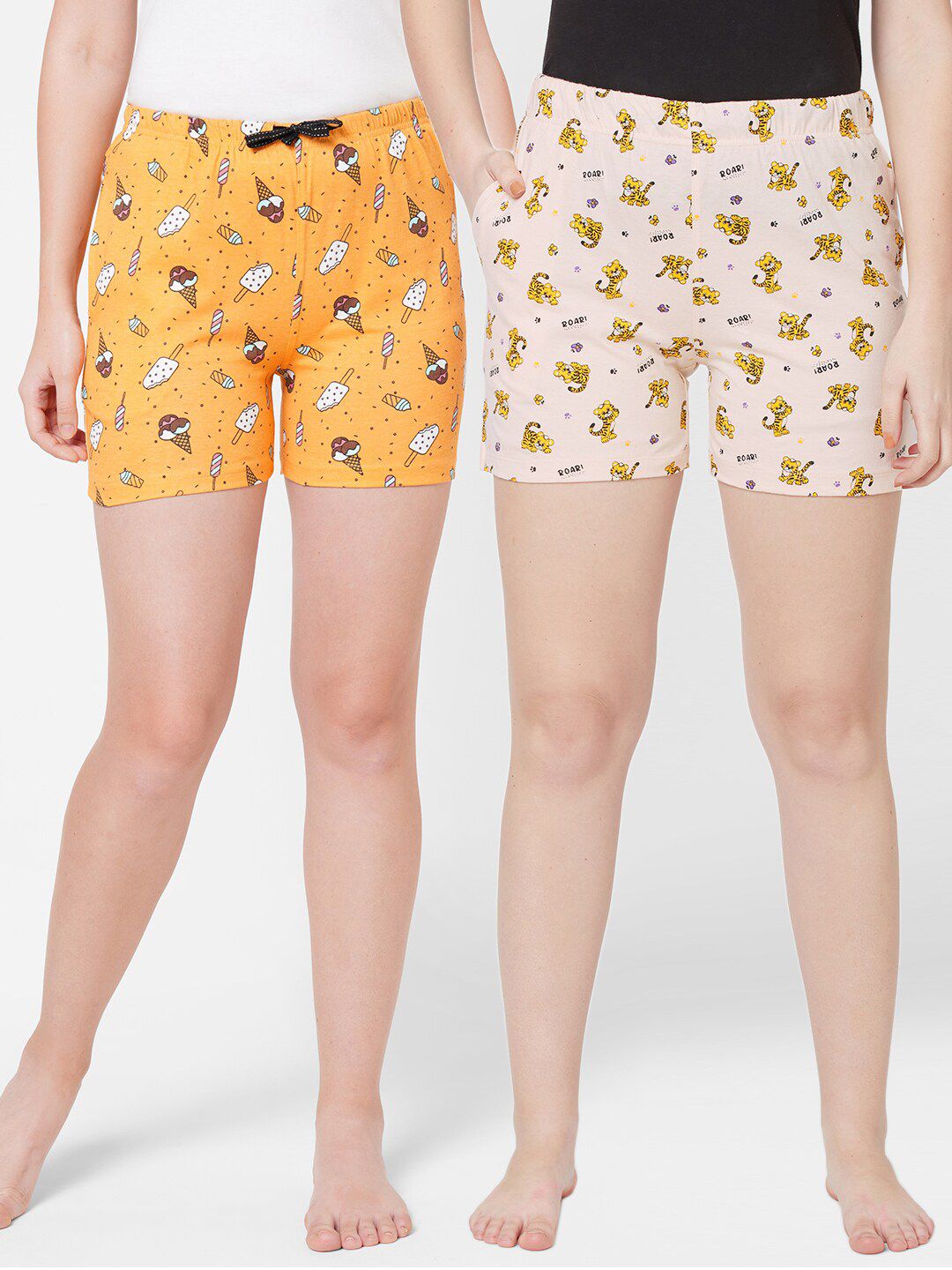 SDL by Sweet Dreams Women Yellow & Peach-Coloured 2 Printed Lounge Shorts Price in India